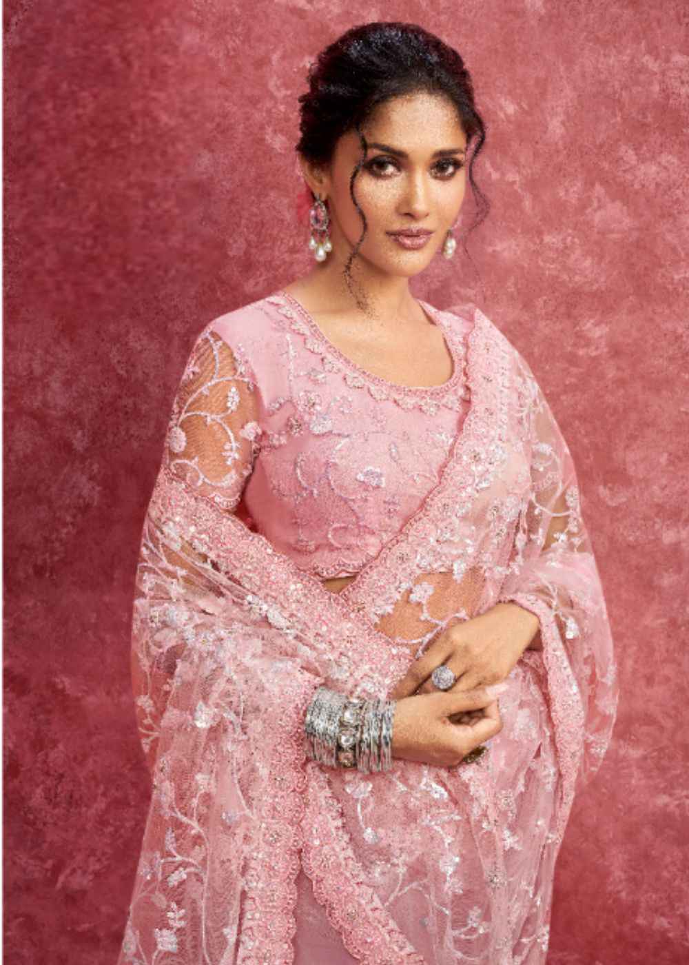 Rose Blush Net Embroidery Saree