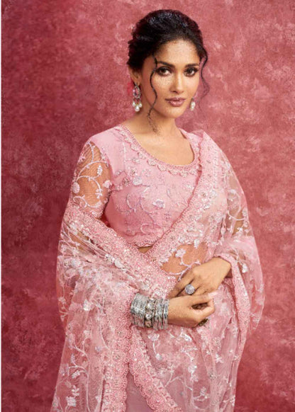 Rose Blush Net Embroidery Saree