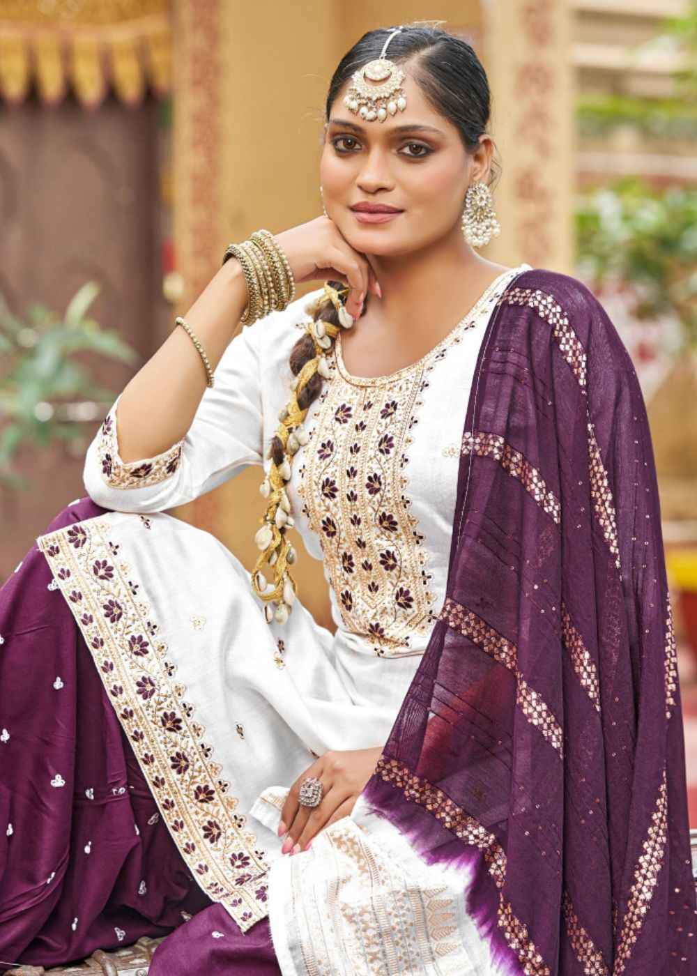 Ivory Plum Dream – White & Wine Embroidered Silk Ensemble