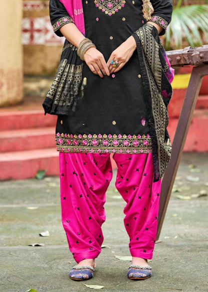 Midnight Fuchsia Majesty – Black & Pink Embroidered Patiyala