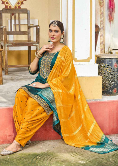 Teal Gold Radiance – Dual Tone Embroidered Silk Set