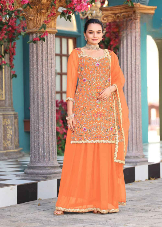 Tangerine Glow Embroidered Georgette Set
