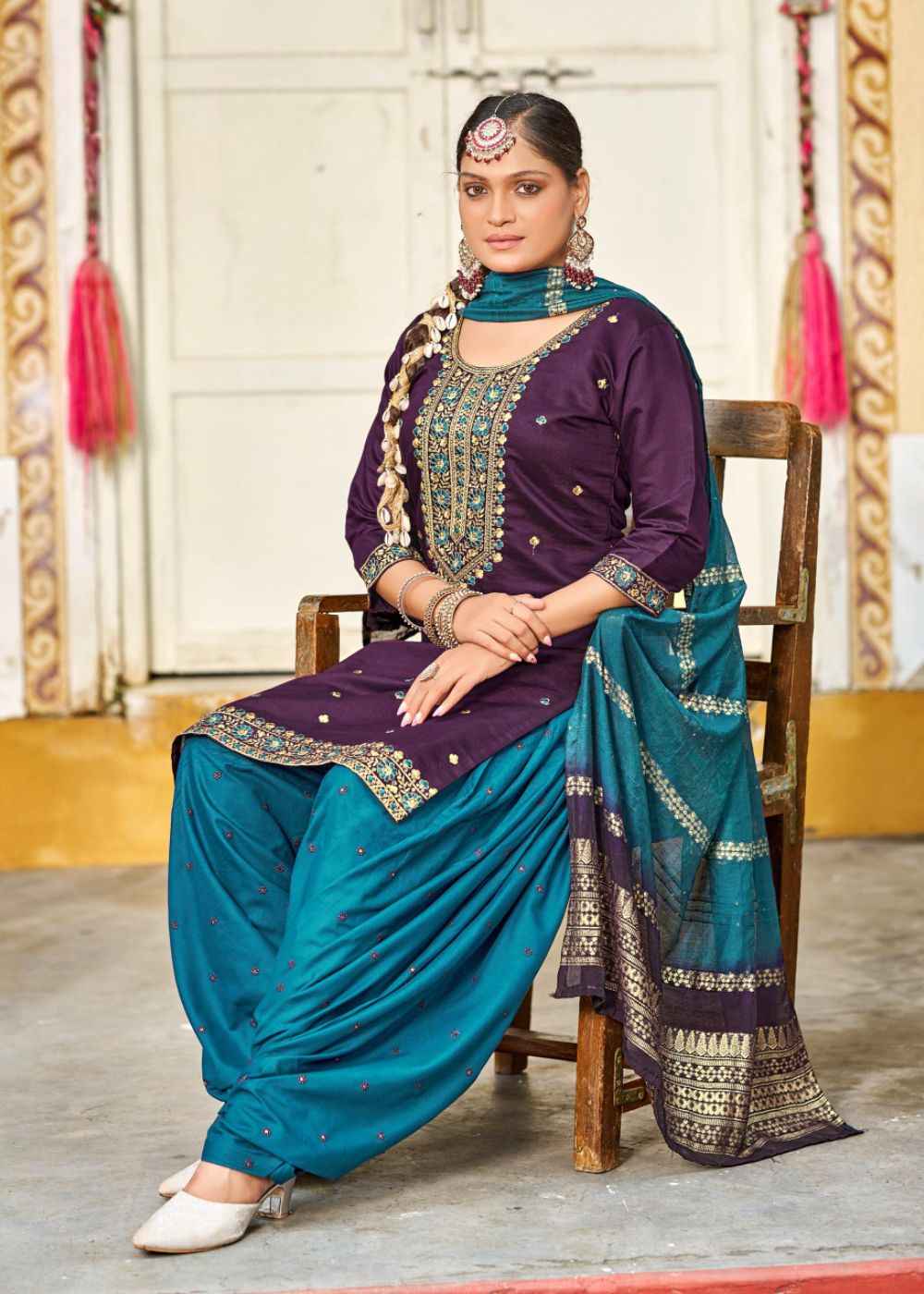 Peacock Teal Royalty – Plum & Teal Silk Embroidered Set