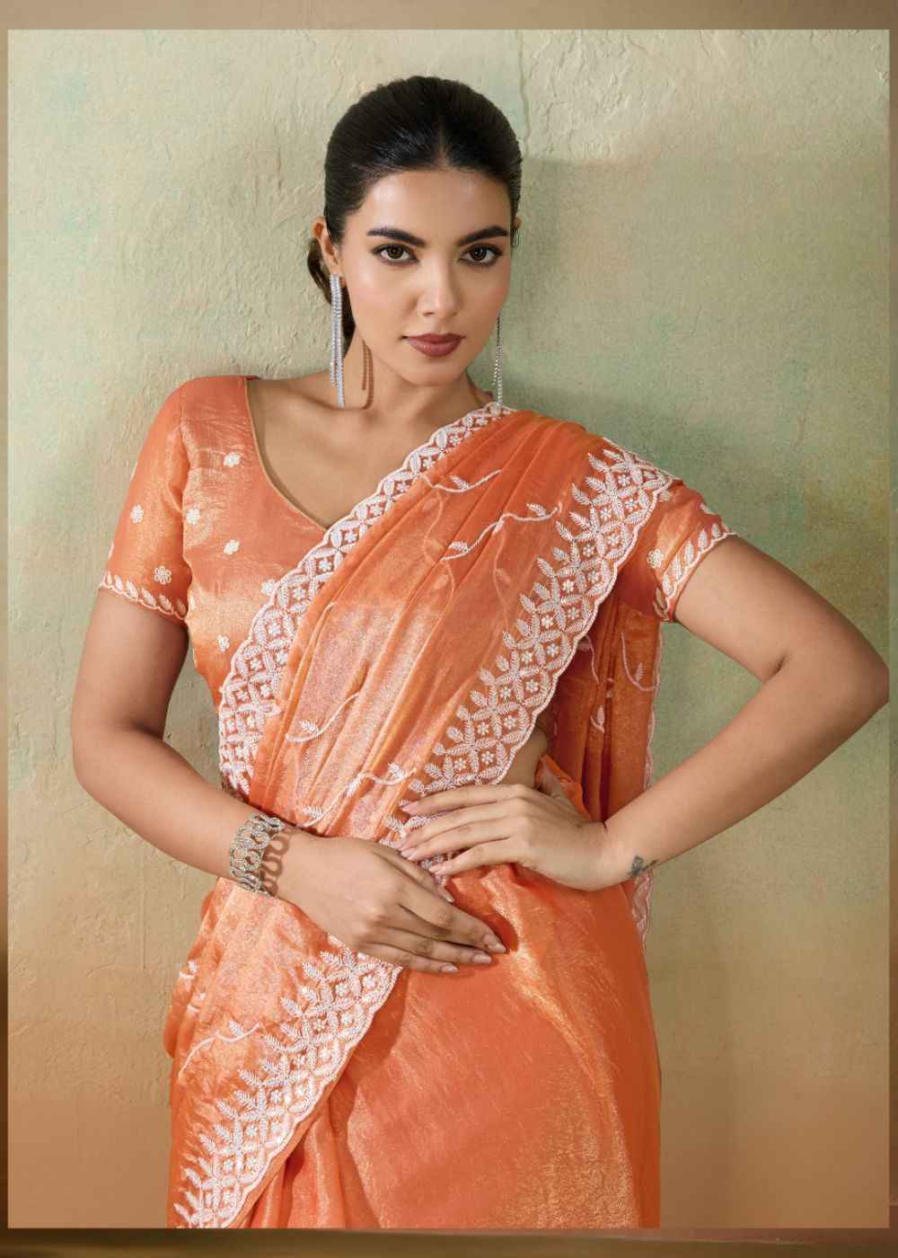 Sunset Coral Velvet Chiffon Saree