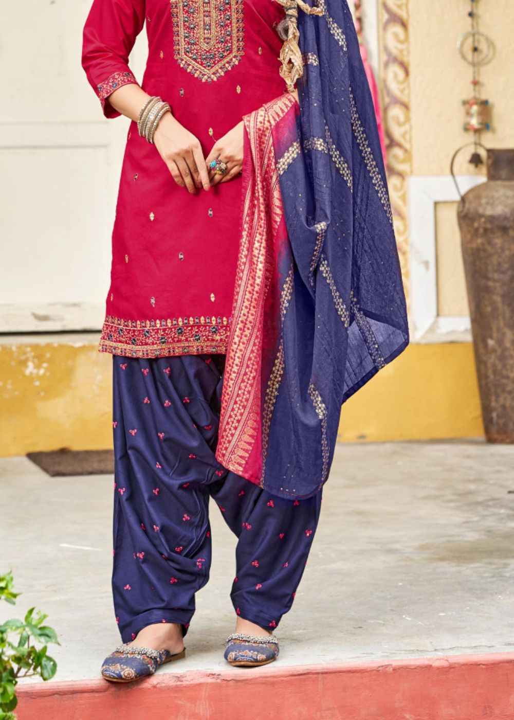 Wine Navy Splendour – Zari Embroidered Patiyala Suit