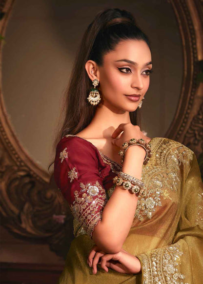 Olive Gold Tissue Organza Saree