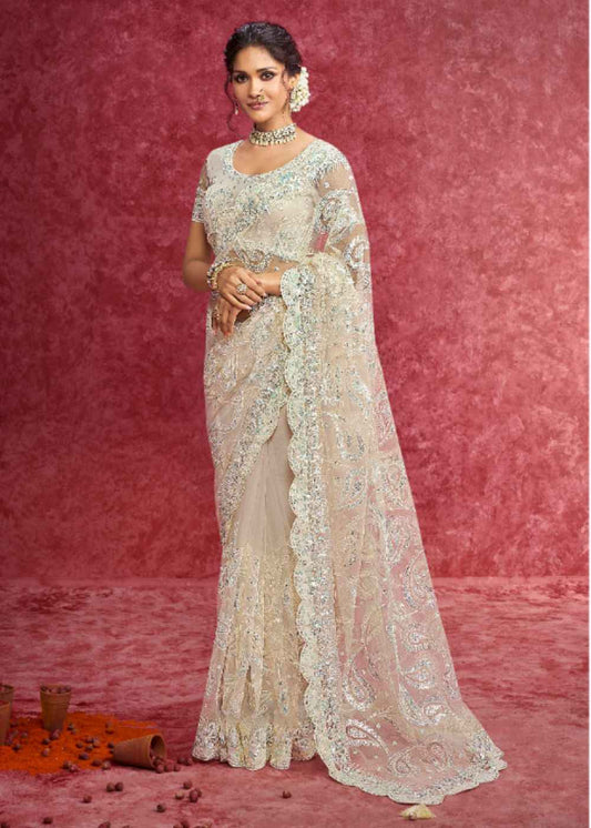 Off White Elegance (Nett Work Saree)