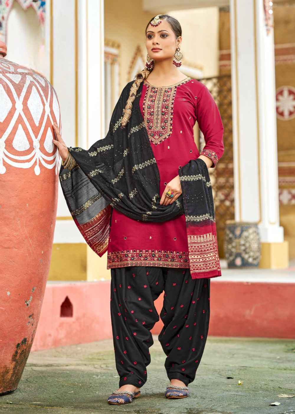Crimson Black Elegance – Embroidered Ruby Silk Patiyala
