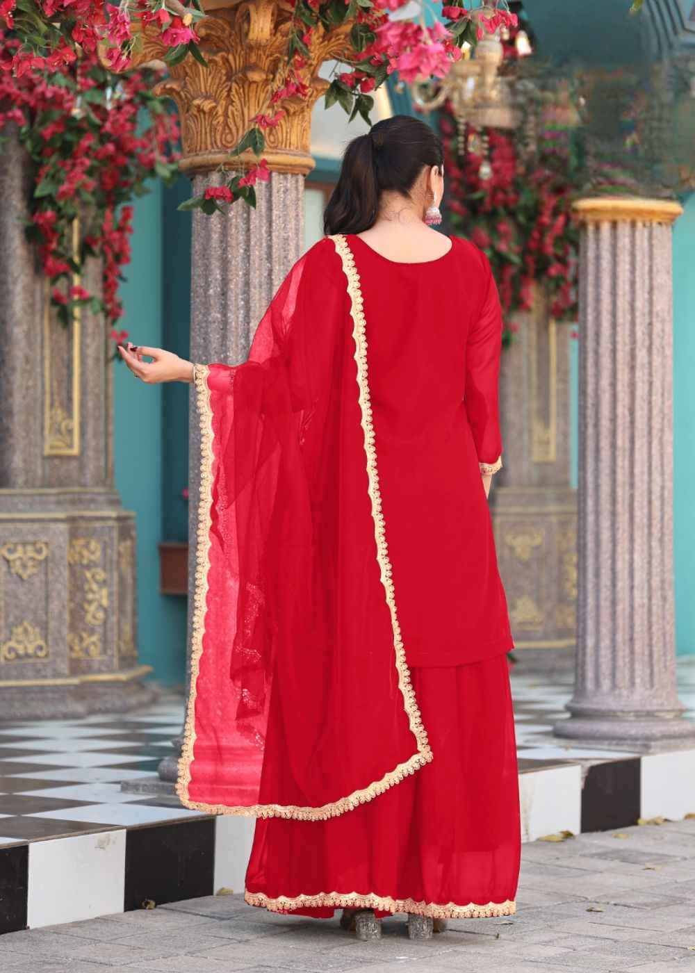 Crimson Regal Allure Embroidered Georgette Ensemble