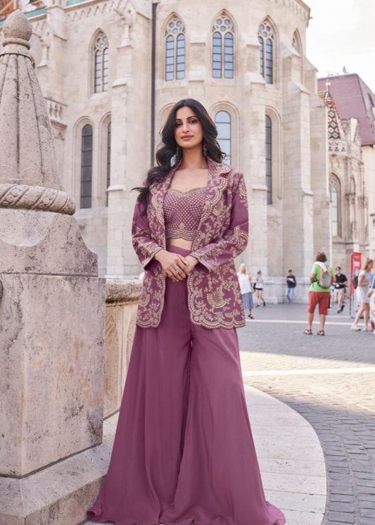 Zehra Mauve–Indo-Western Embroidered Silk Dress : Elegant Ethnic Wear