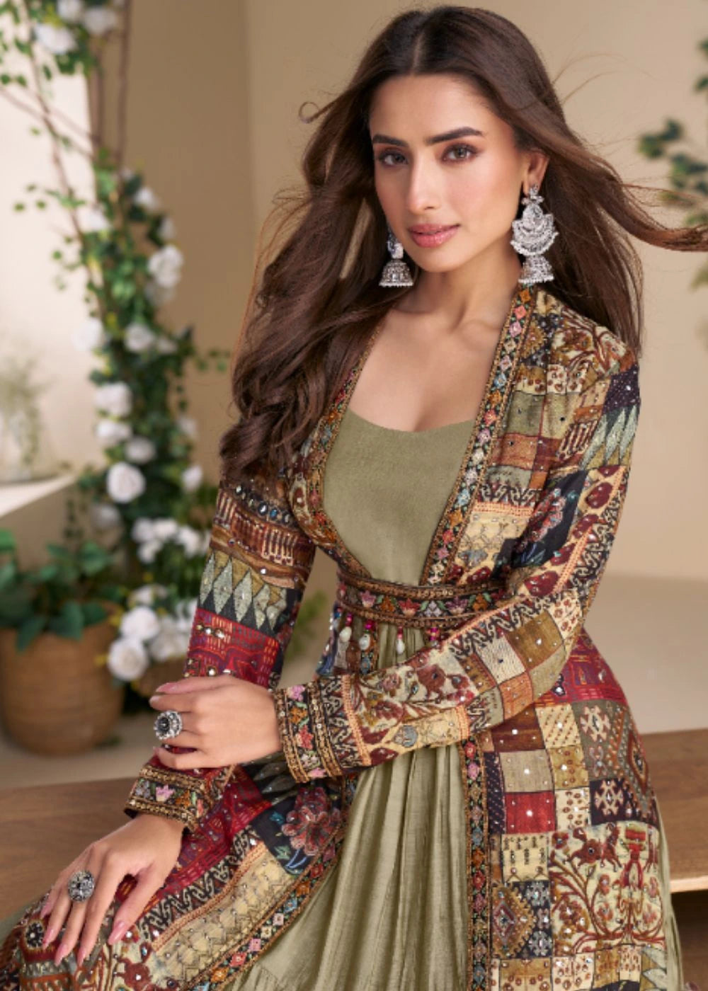 Antique Olive Silk Embellished Shrug Set