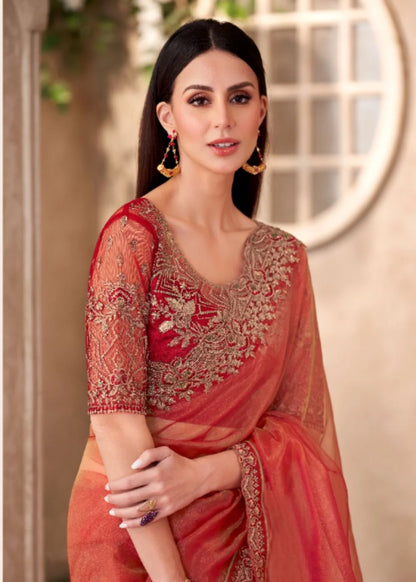 Rust Orange Tissue Saree with Rich Lace Work