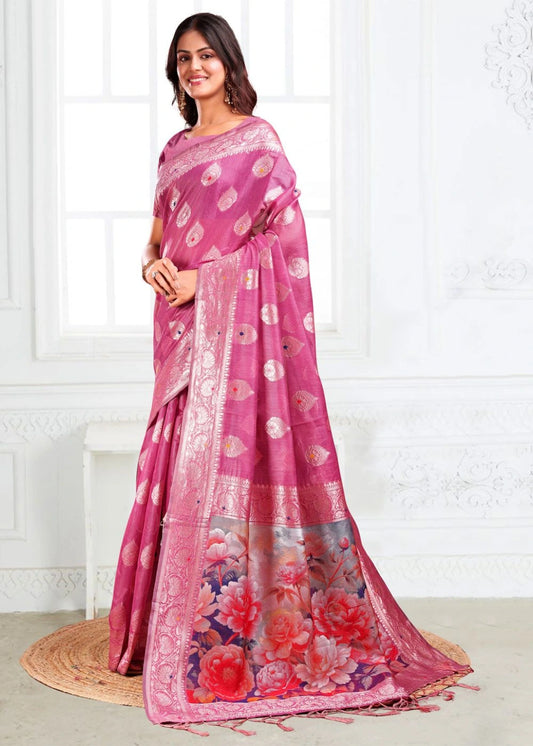 Orchid Pink Linen Cotton Saree with Rich Woven Motifs & Royal Garden Floral Pallu