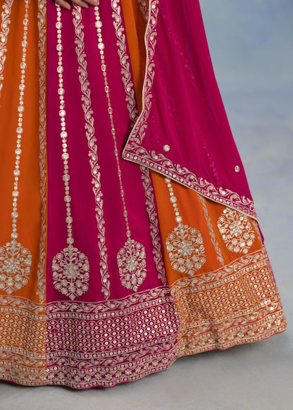 Radiant Magenta & Saffron Embroidered Georgette Lehenga Set