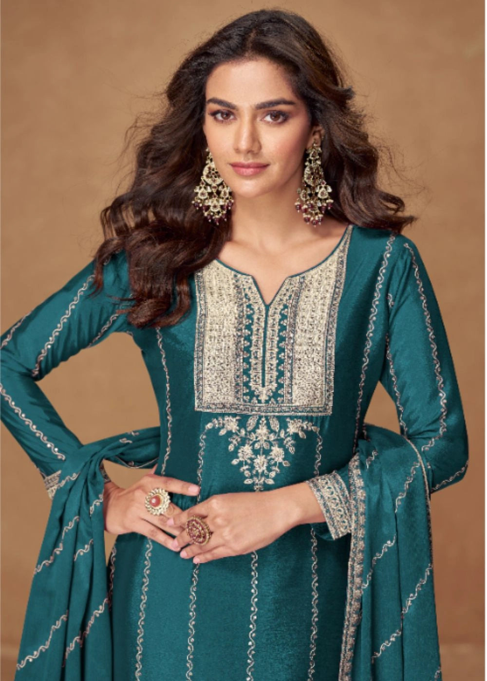 Emerald Green Regal Premium Chinnon Silk Suit with Traditional Embroidery & Designer Dupatta –