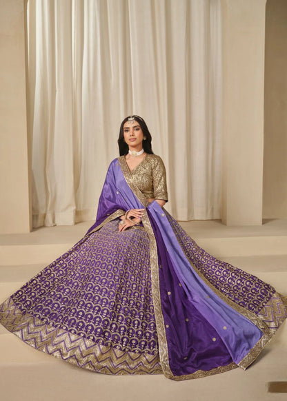 Majestic Amethyst – Imperial Purple Chinon Silk Lehenga with Regal Lavender Drapes