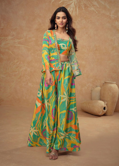 Vibrant Tropical Real Chinon & Silk Palazzo Set
