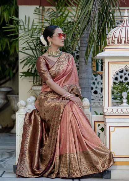 Rose Copper Grace-Soft Zari & Meenakari Woven (Jaal & Kairi Pattern) all over Saree, Patta & Pallu