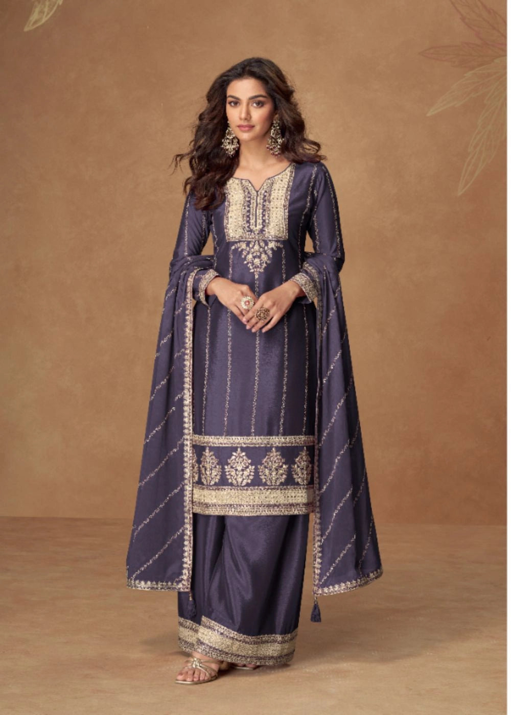 Midnight Sapphire Blue Premium Chinnon Silk Suit Adorned with Delicate Golden Thread Work & Elegant Dupatta