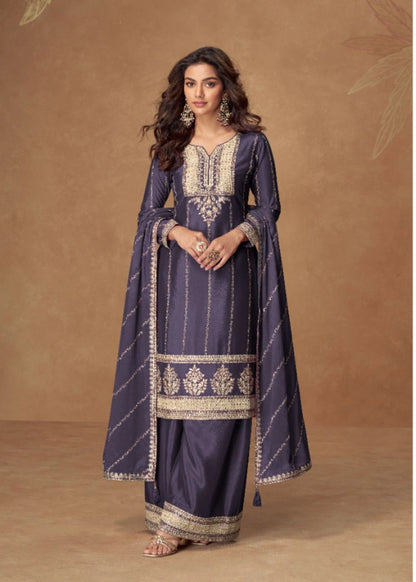 Midnight Sapphire Blue Premium Chinnon Silk Suit Adorned with Delicate Golden Thread Work & Elegant Dupatta