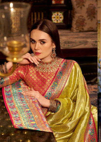 Golden Yellow Tissue Silk Saree with Designer Contrast Border & Pallu