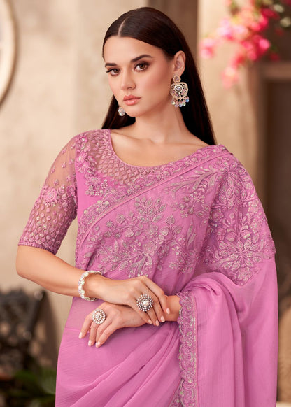Baby Pink Satin Chiffon Saree with Designer Lace Border