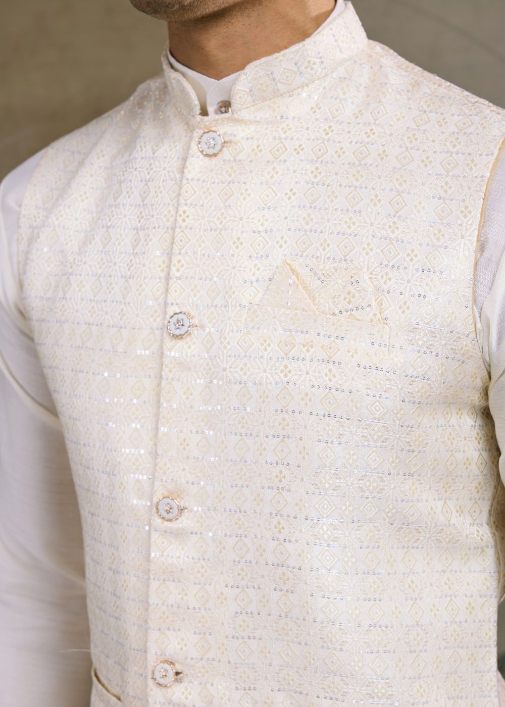 Ivory Emperor – Off White Viscose Silk Kurta with Textured Jacquard Koti