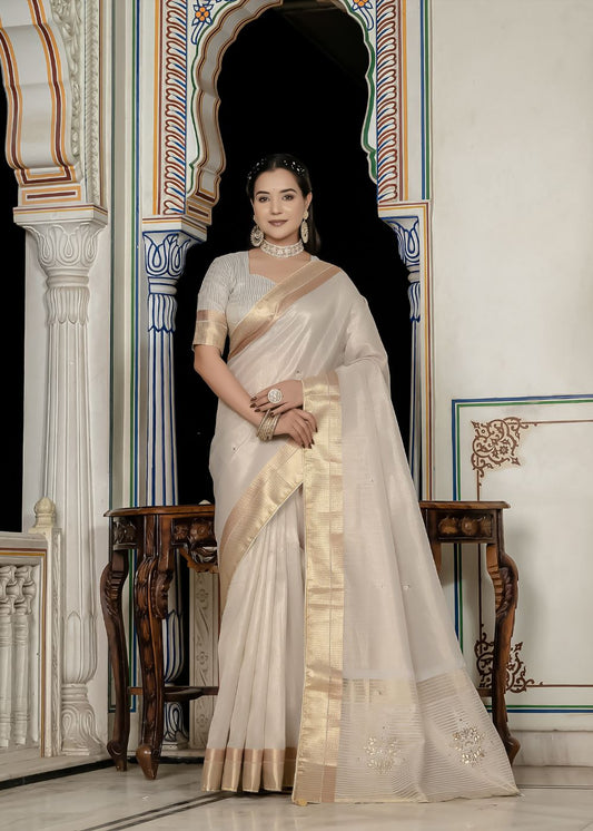 Regal Moonshine Woven Tissue Linen Saree with Dual Zari Patta & Khatli Hand Embroidery