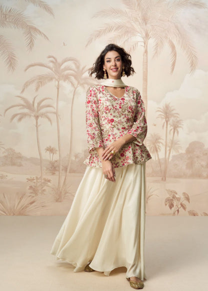 Ivory Bloom Royale – Premium Cream Floral Embroidered Kurti with Flared Skirt Ensemble