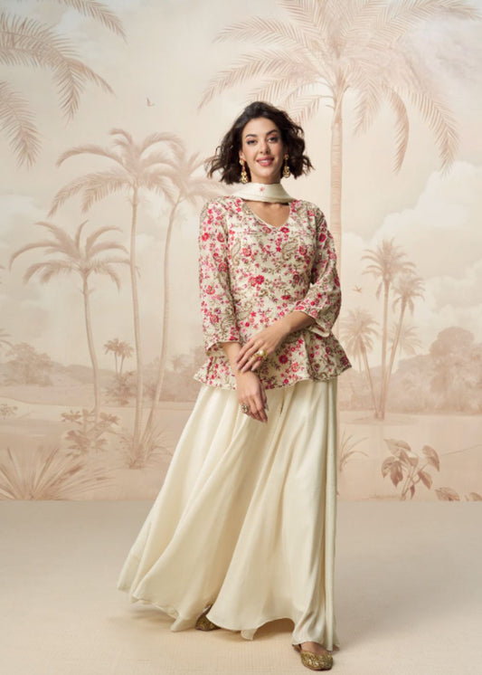 Ivory Bloom Royale – Premium Cream Floral Embroidered Kurti with Flared Skirt Ensemble