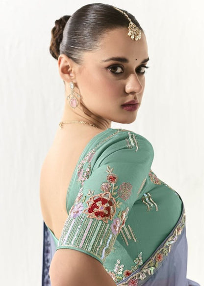 Lavanya Neel-Steel Blue Organza Tissue with Heavy Butta & Border Silk Saree