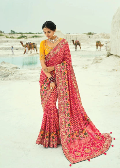 Red Pure Georgette Bandhej Saree with Moti & Cut-Dana Heavy Hand Work Border