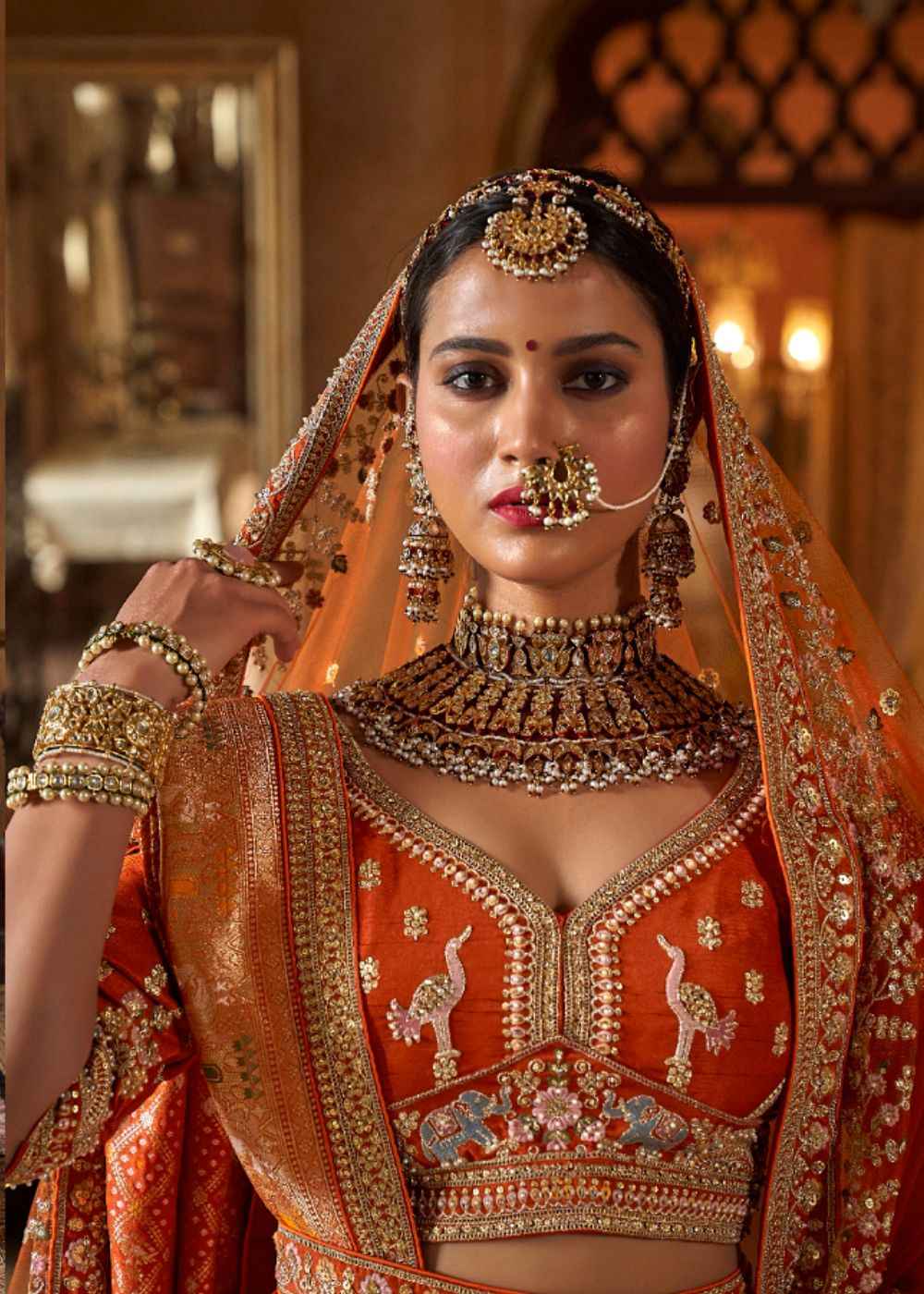 Coral Sunset Charm Double Dupatta Bridal Lehenga