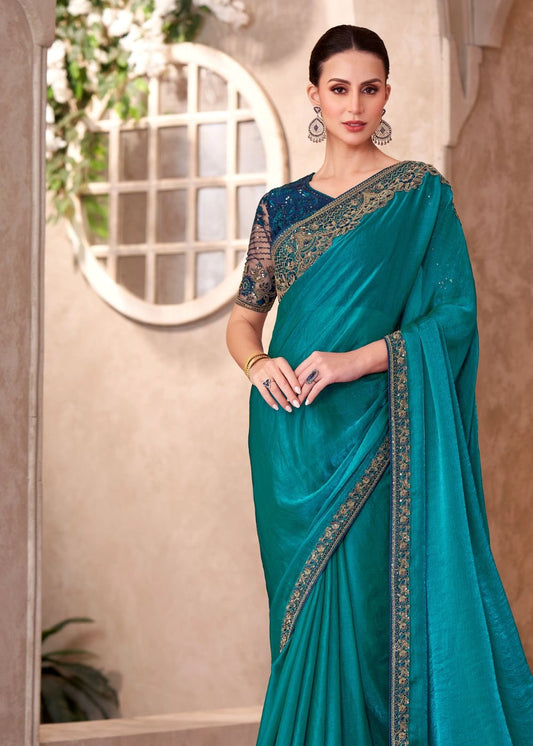 Teal Blue Satin Chiffon Saree with Rich Embroidered Border