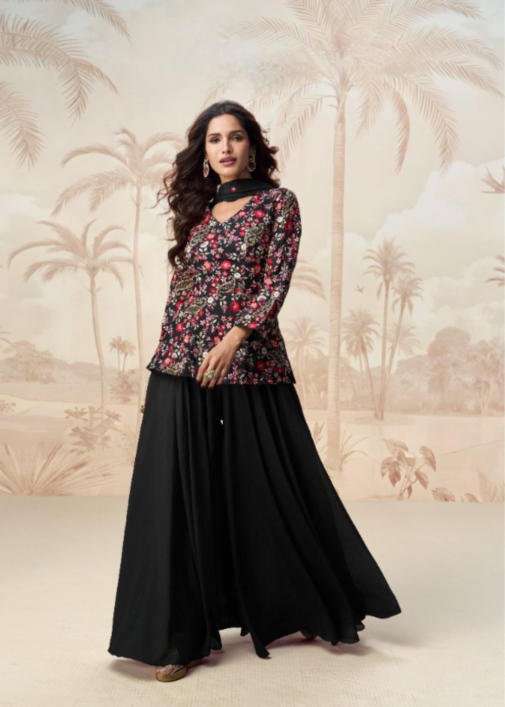 Noir Blossom Grace - Majestic Black Embroidered Kurti with Matching Flared Skirt Set