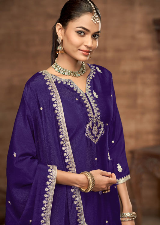 Rajwada Purple-Designer Chinon Silk Suit Set
