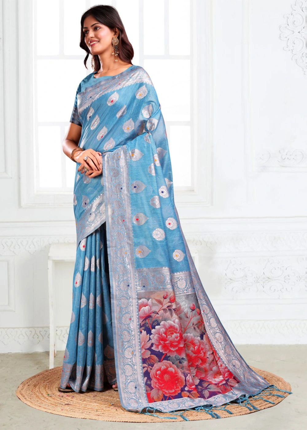 Sky Blue Linen Cotton Saree with Zari Weaves & Multi-Floral Printed Pallu