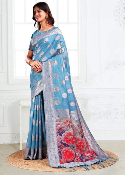 Sky Blue Linen Cotton Saree with Zari Weaves & Multi-Floral Printed Pallu