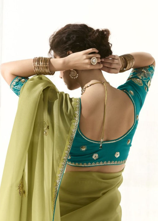Haldi Pushp – Lime Green & Yellow Organza Tissue Saree with Butta Work