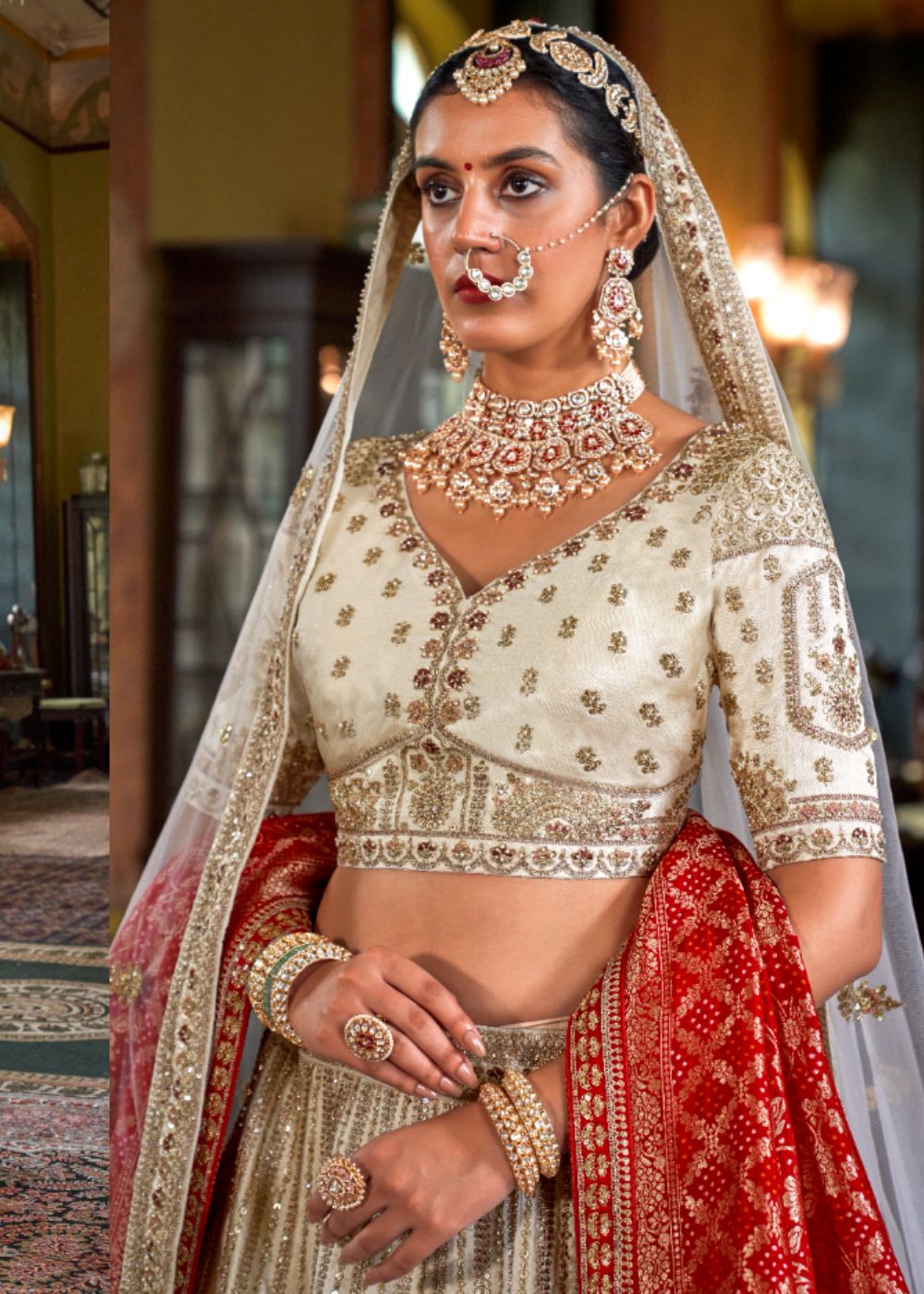Ivory Grace with Crimson Veil Bridal Lehenga