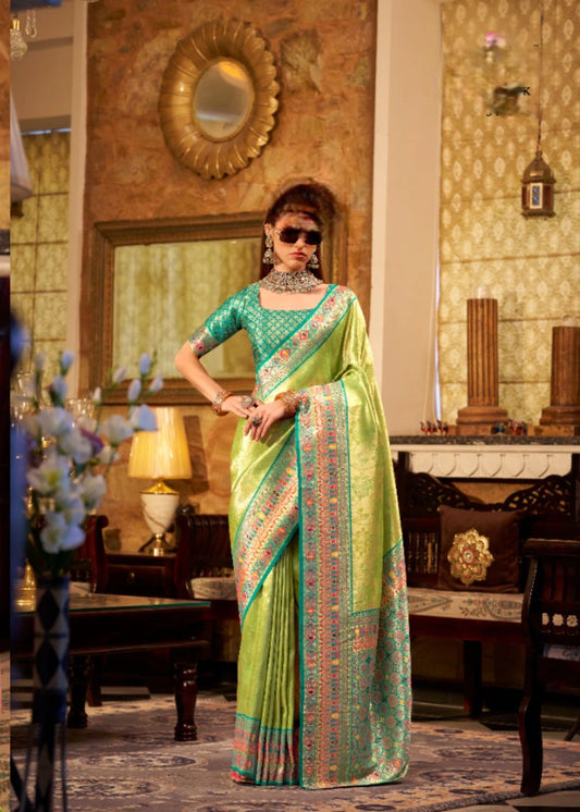 Lime Green Tissue Silk Saree with Designer Contrast Border & Pallu