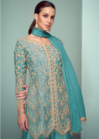 Firoza Sheherzaadi Aura - Aqua Grace Royal Chinon Embroidered Suit Set