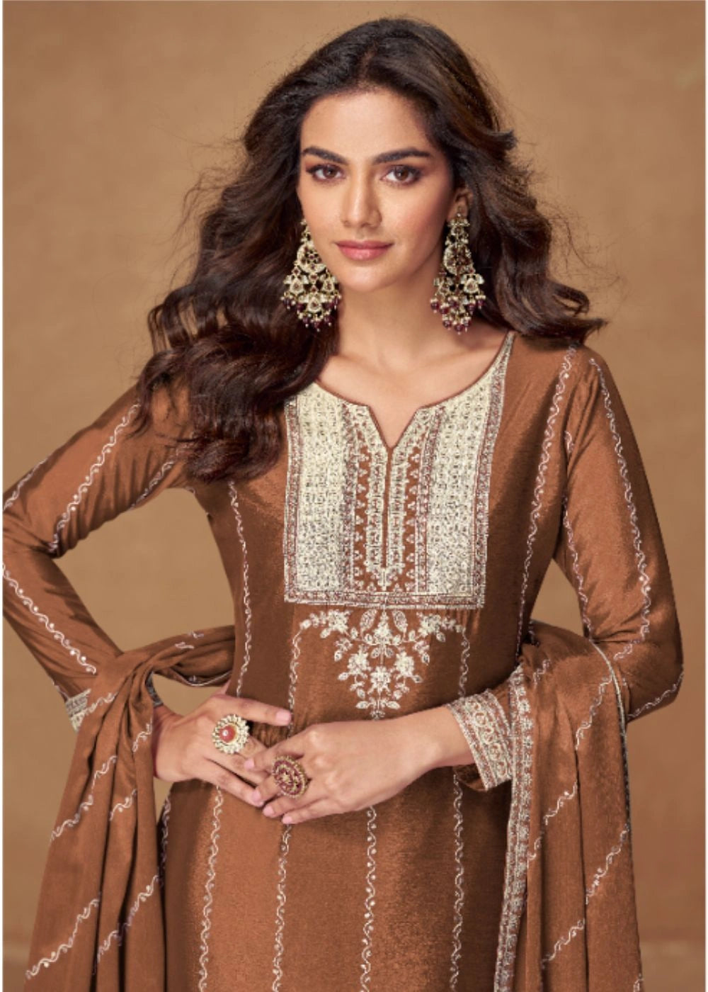 Caramel Mocha Brown Premium Chinnon Silk Suit with Exquisite Embroidery & Festive Dupatta