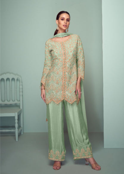 Mint Majesty Embroidered Chinon Plazoo Suit