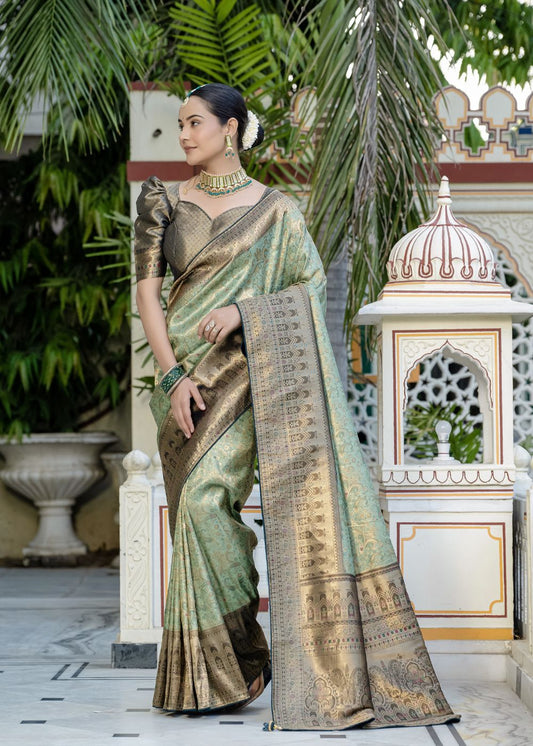 Mint Gold Elegance-Soft Zari & Meenakari Woven (Jaal & Kairi Pattern) all over Saree, Patta & Pallu