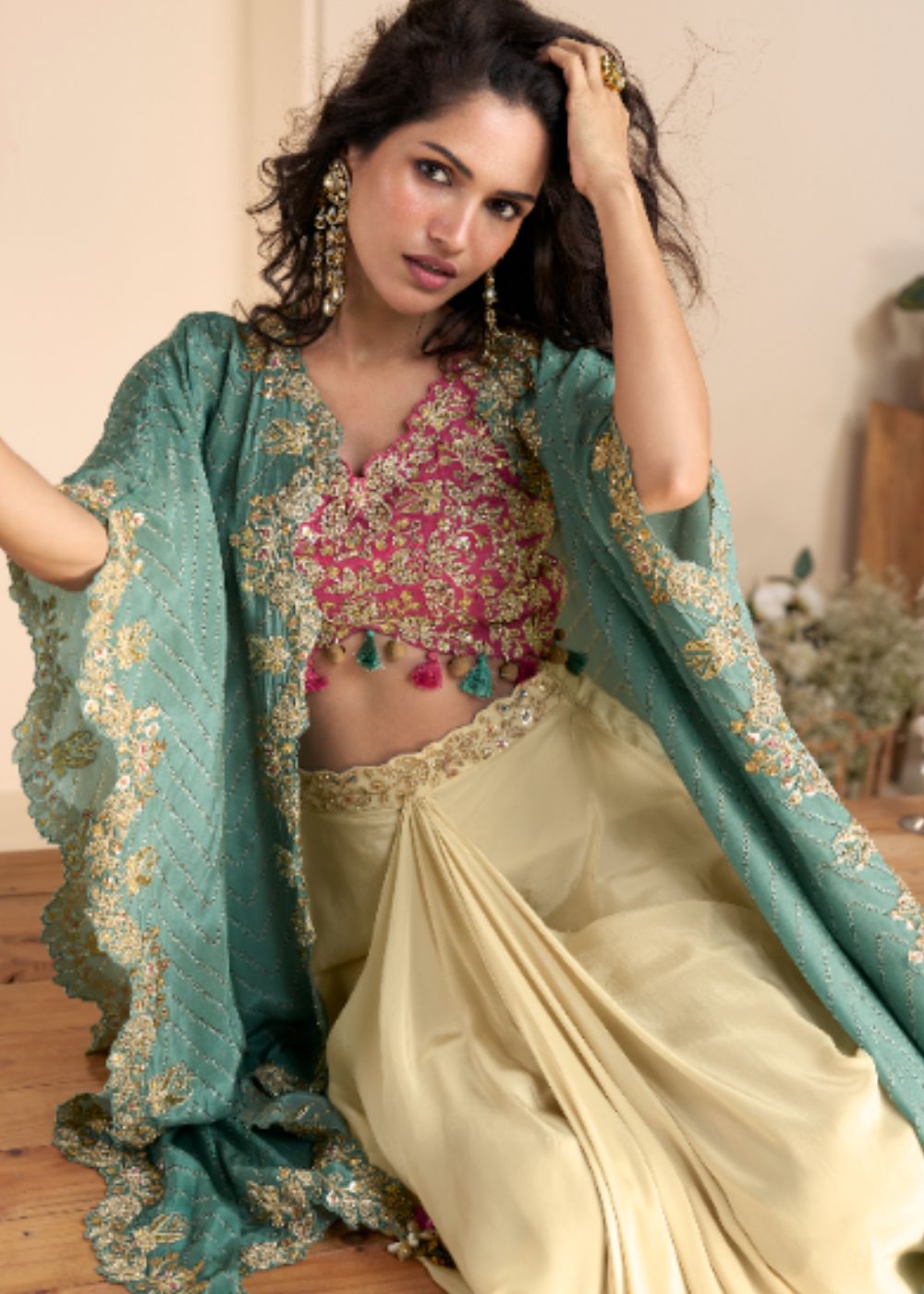 Pastel Yellow Draped Palazzo Set with Emerald Green Embroidered Shrug