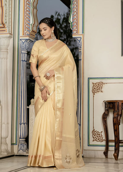 Golden Aura Celebration Saree in Tissue Linen with Intricate Hand Embroidery