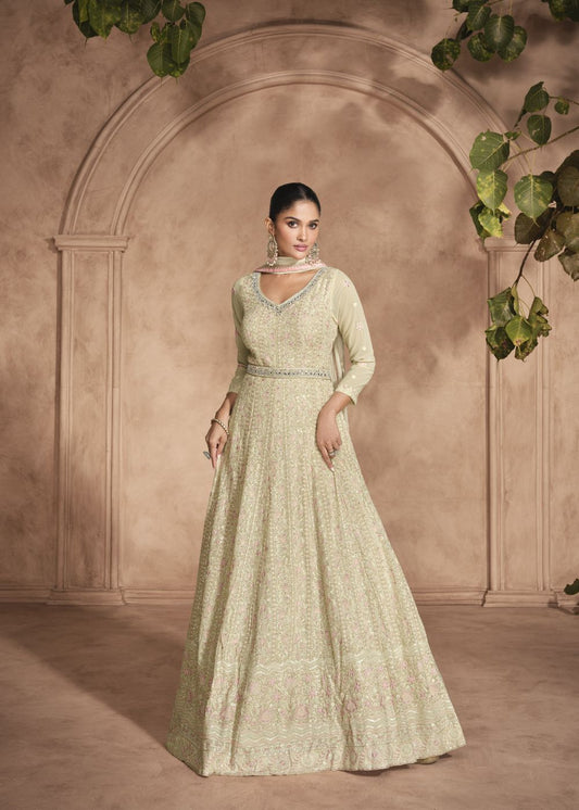 Pistachio Pink Embroidered Georgette Anarkali Suit with Organza Dupatta