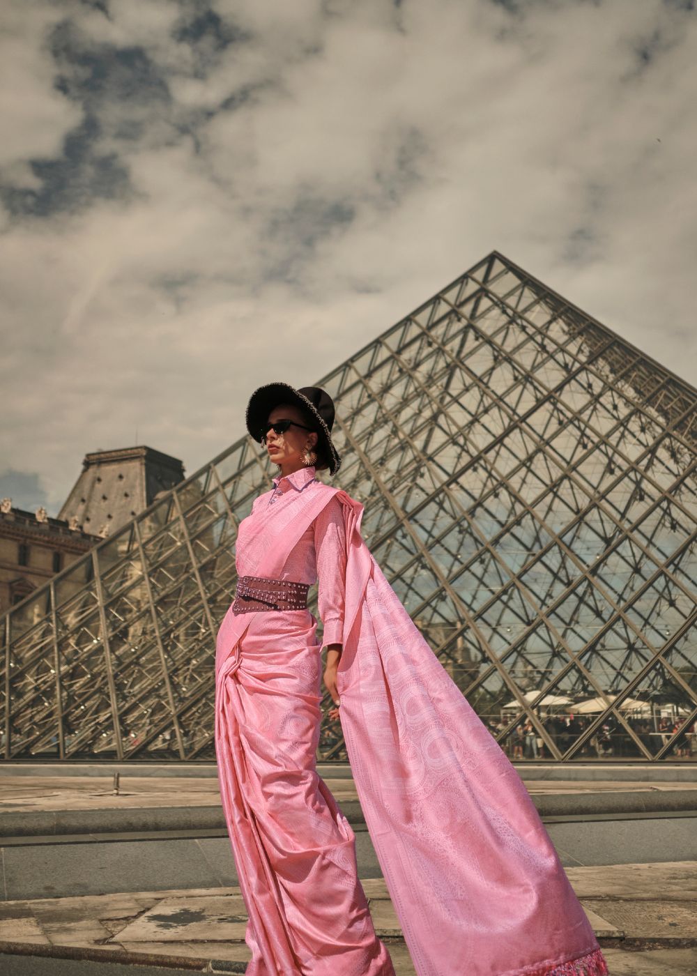 Blush Pink Satin Silk Saree with Self-Weaving