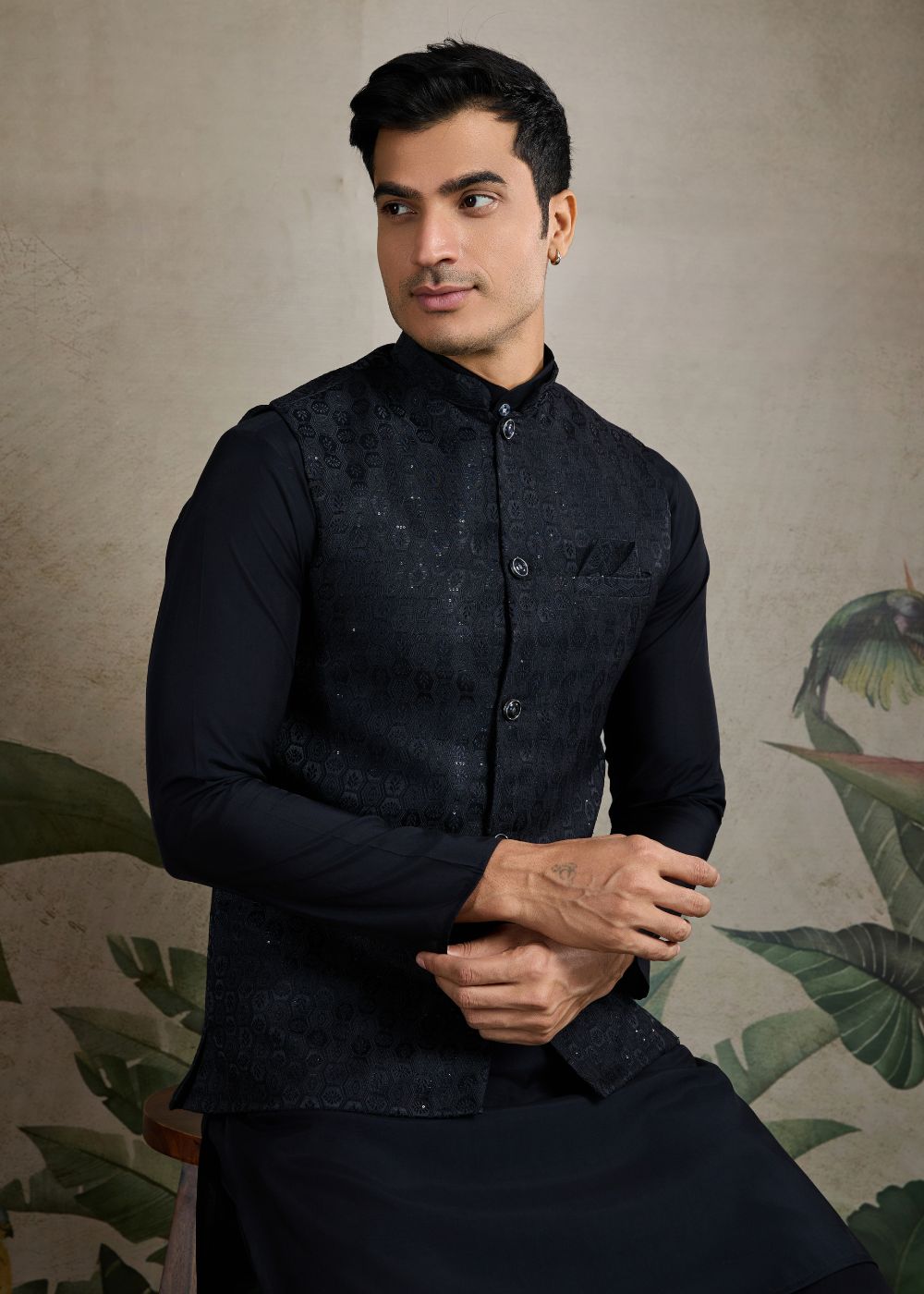 Midnight Regal – Black Viscose Silk Kurta with Rich Jacquard Designer Koti